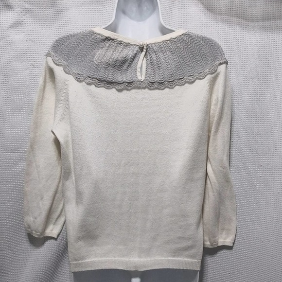 ROMANTIC Vintage Inspired Ivory SWEATER w Silver Metallic Mesh Collar Pearl L - Picture 7 of 10